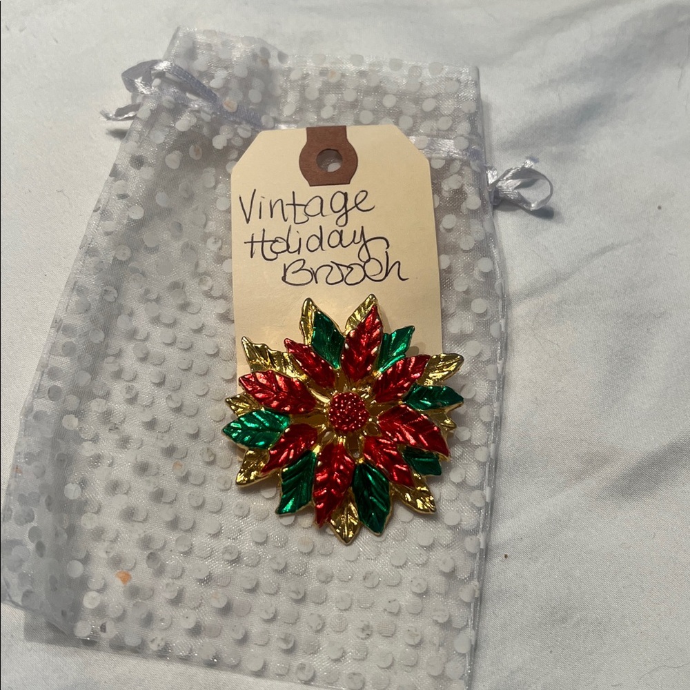 Vintage SFJ brooch Poinsettia flower Christmas holiday pin gold tone